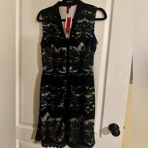 NWT 5/48 Off Sak’s 5th Black Lace Patterned Lapel Midi Dress